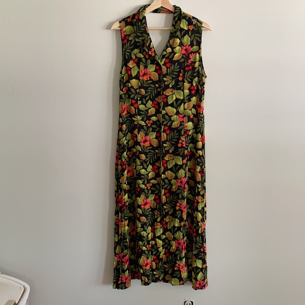 Vintage tropical print sundress back cutout medium